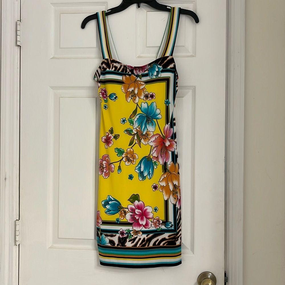 CACHE Colorful Sleeveless Lined Summer Dress Midi Zipped size 6 With Bra Support